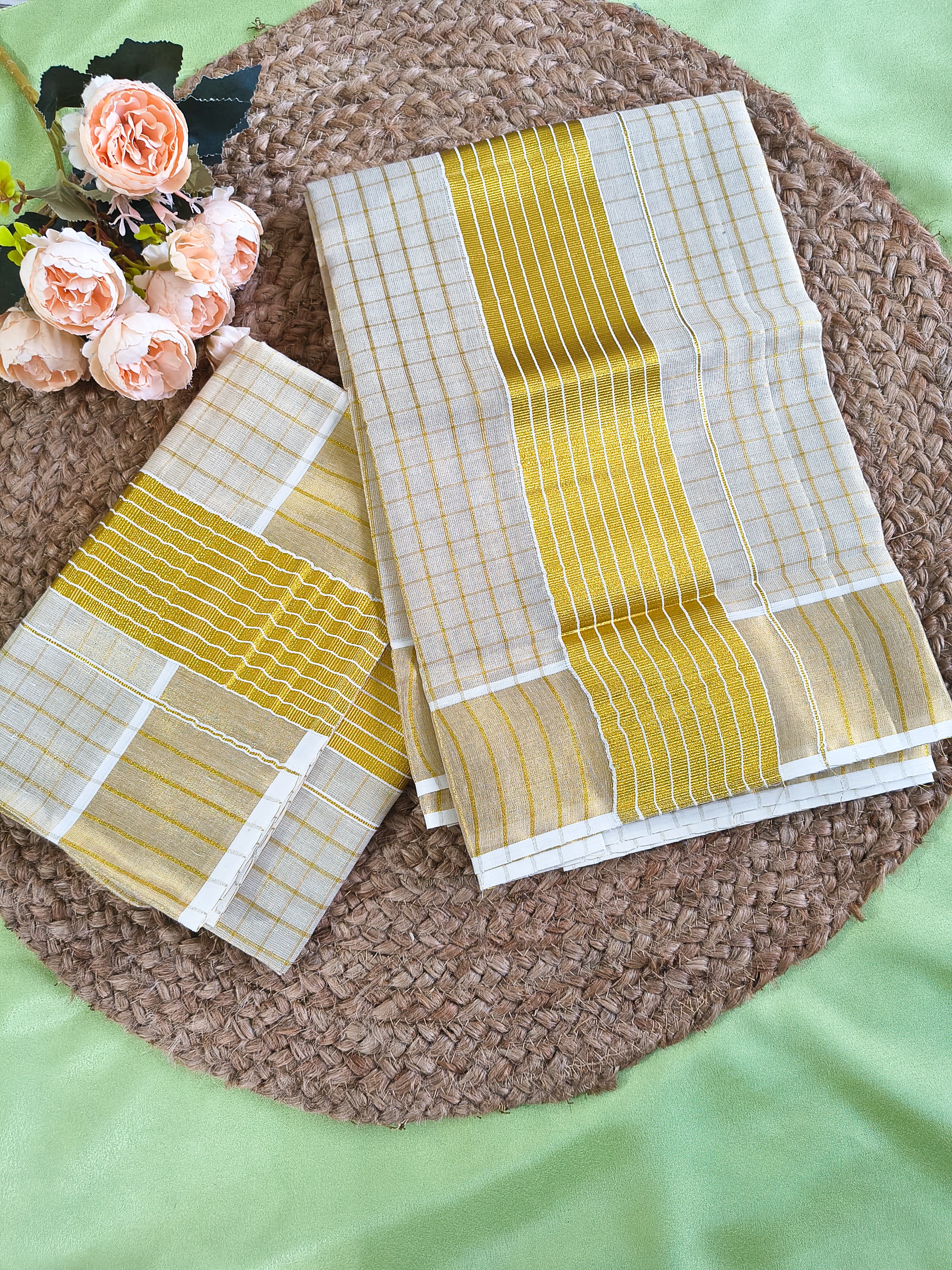 Tissue square small check Set Mundu 3 inch