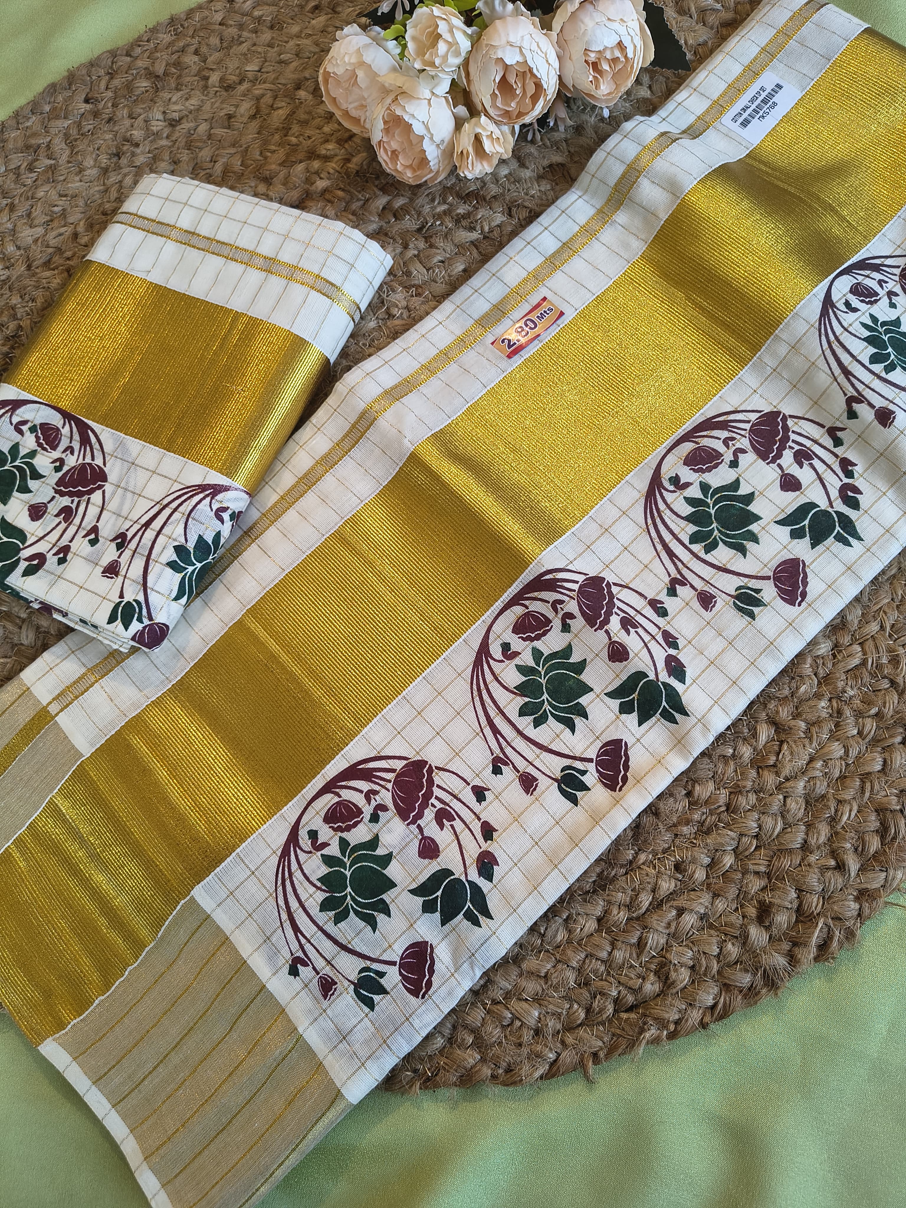 Cotton small check set mundu with print