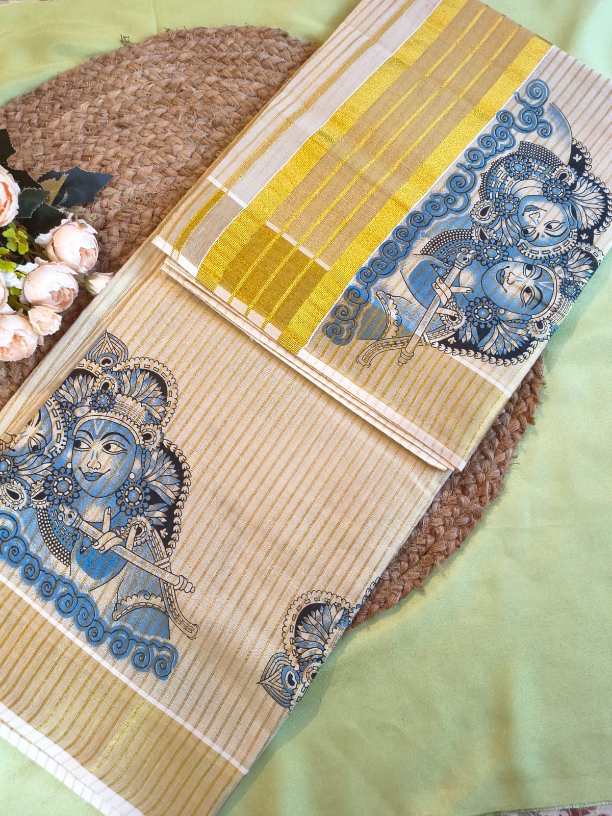 Tissue stripe krishna mural print Saree
