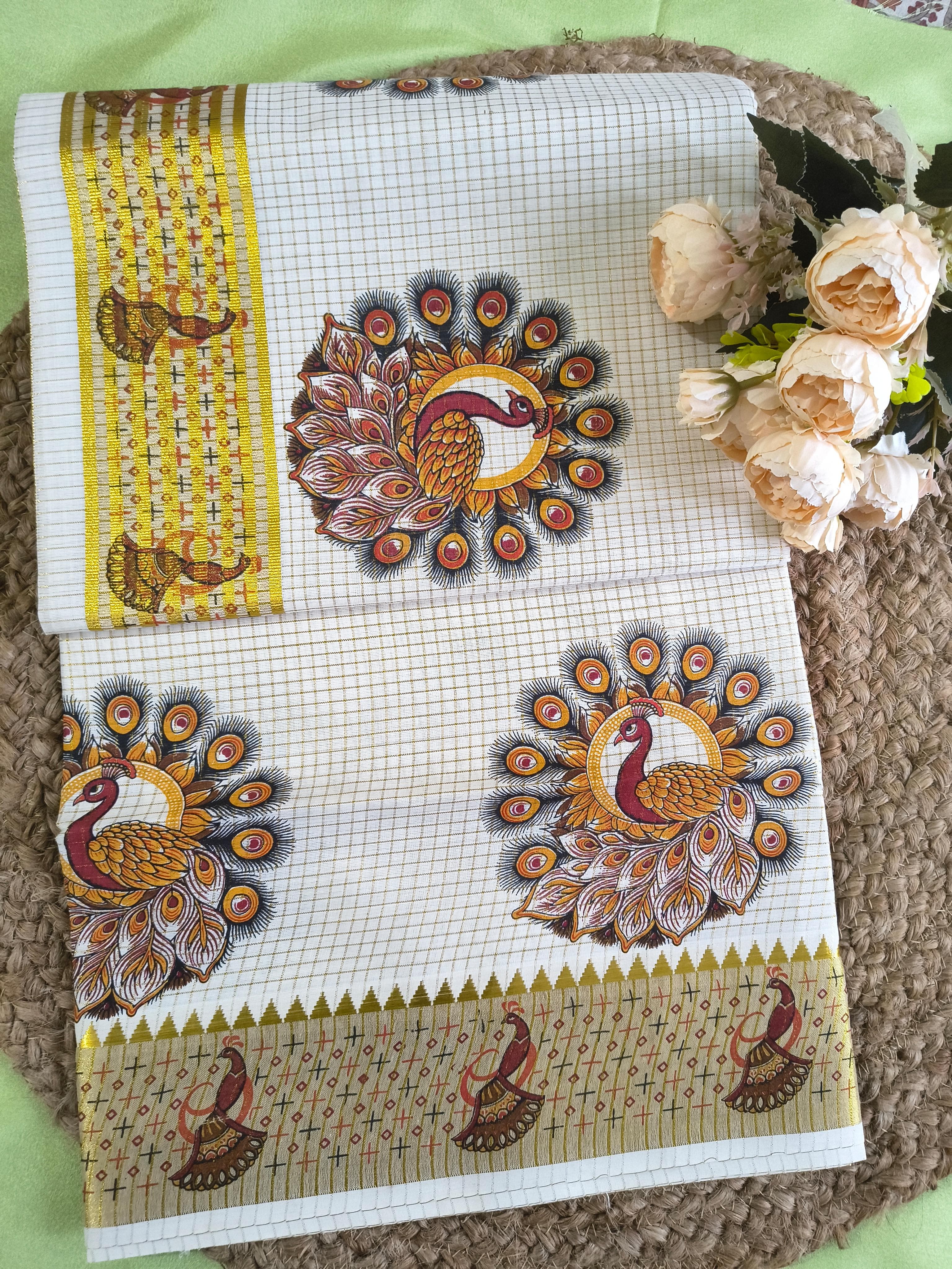 Jari fancy check Mural print Saree