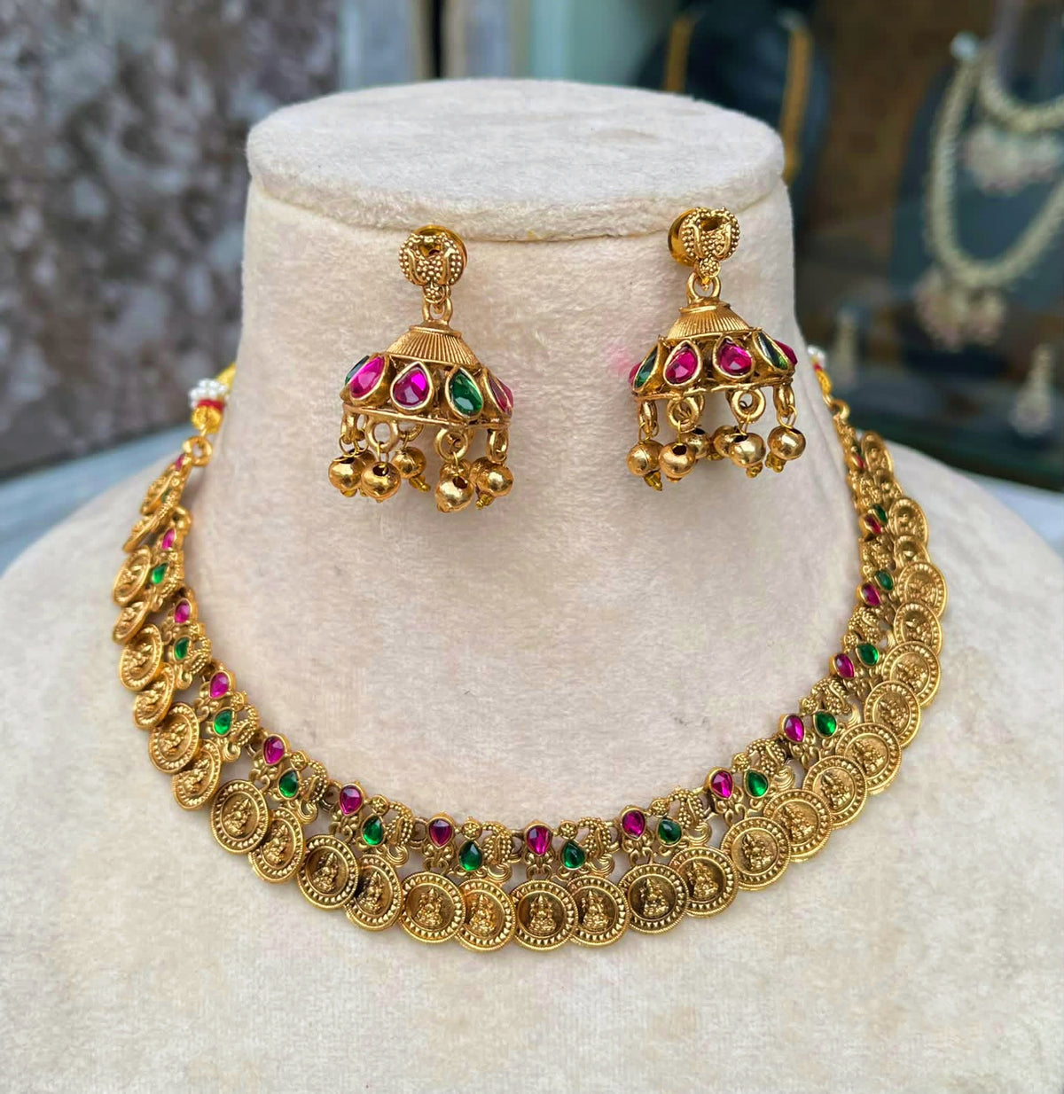 Coin Rose and Green Necklace