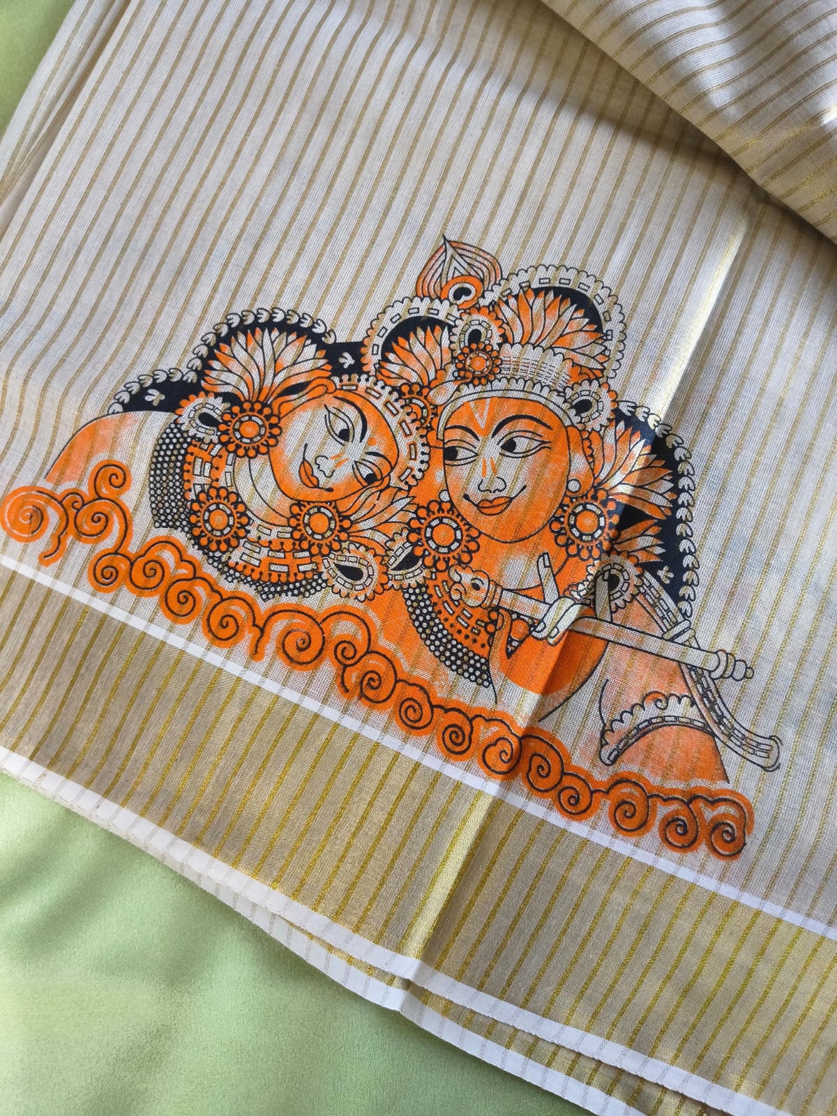 Tissue stripe krishna mural print Saree