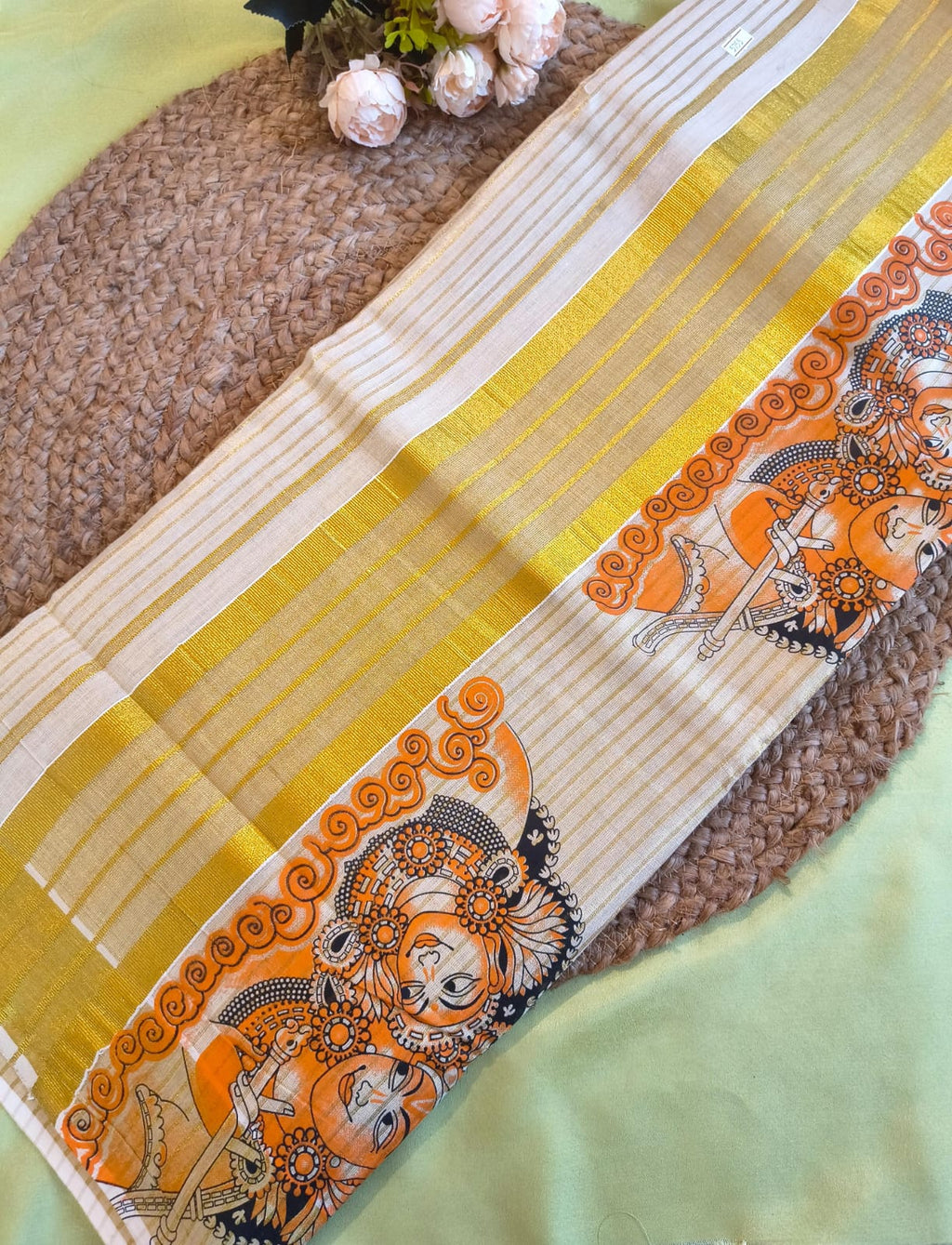 Tissue stripe krishna mural print Saree